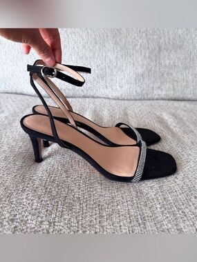 LOFT Black Ankle-Strap Kitten Heels with Rhinestone Toe Band